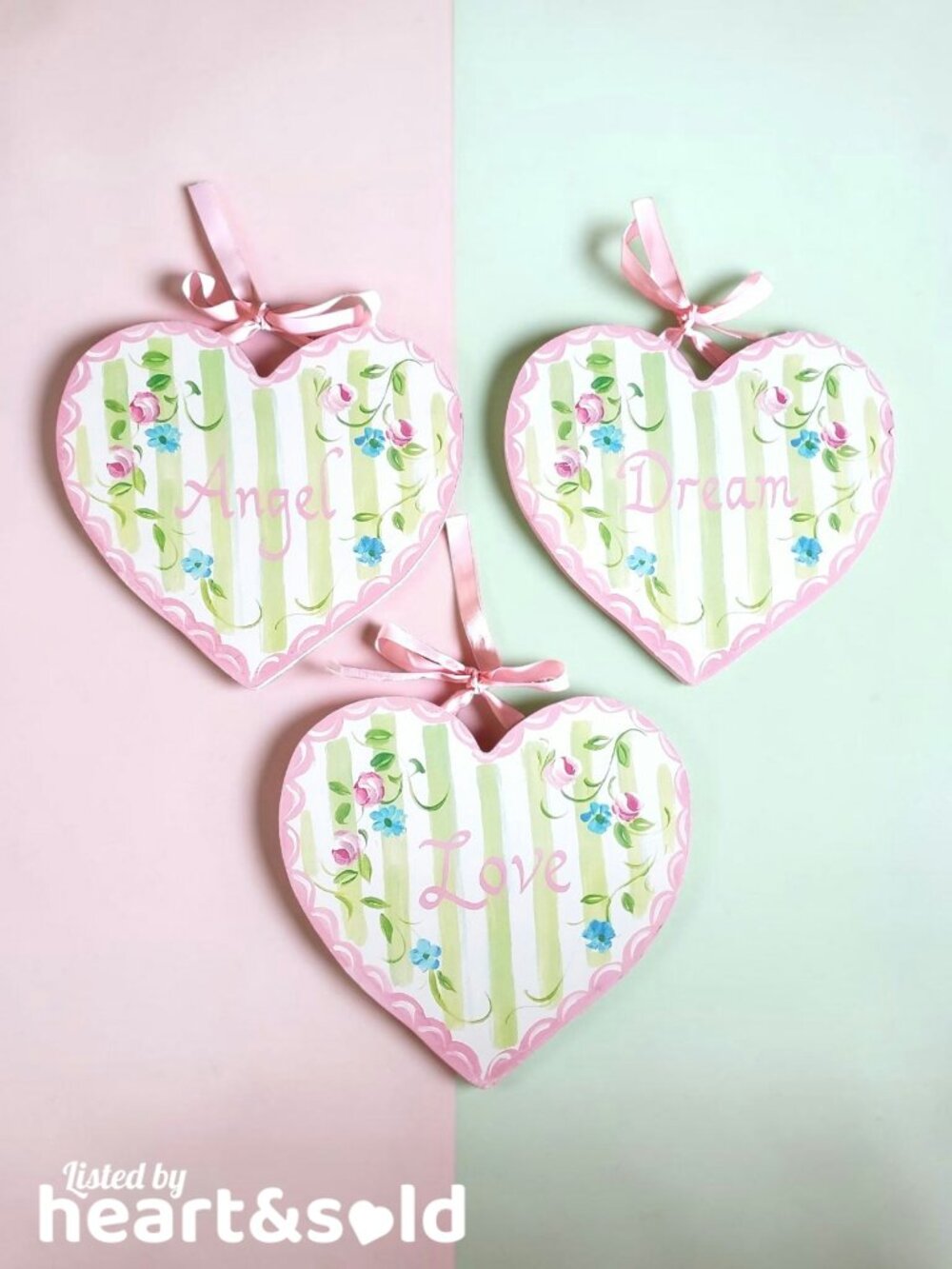 Floral & Striped Heart Hanging Wood Decor Set